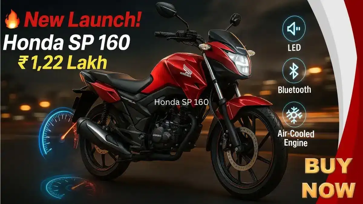 Honda SP 160 motorcycle in glossy red parked on a city road at night, showcasing sporty design, LED headlamp, alloy wheels, and 162.71cc air-cooled engine, with launch price ₹1.22 lakh highlighted.