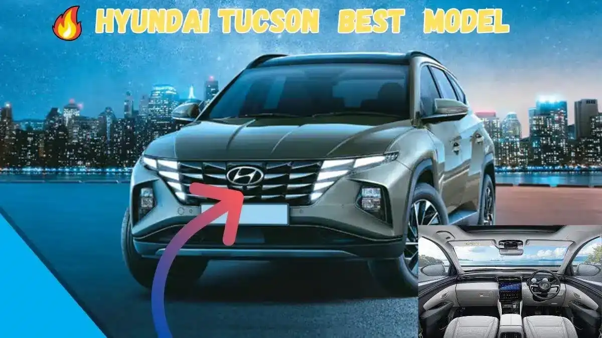 Front view of the Hyundai Tucson 2025 model with city skyline in the background, highlighting the bold parametric grille and LED DRLs, with a red arrow pointing to the Hyundai logo; interior panoramic sunroof and dashboard layout shown in inset.